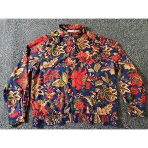 Vtg Alfred Dunner Blouse Women L Red Floral Paisley Sheer Elastic Waist Colorful